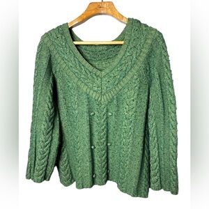 Green Chunky Cable Knit V-Neck Sweater Women’s M Lambs Wool Blend Cozy Classic